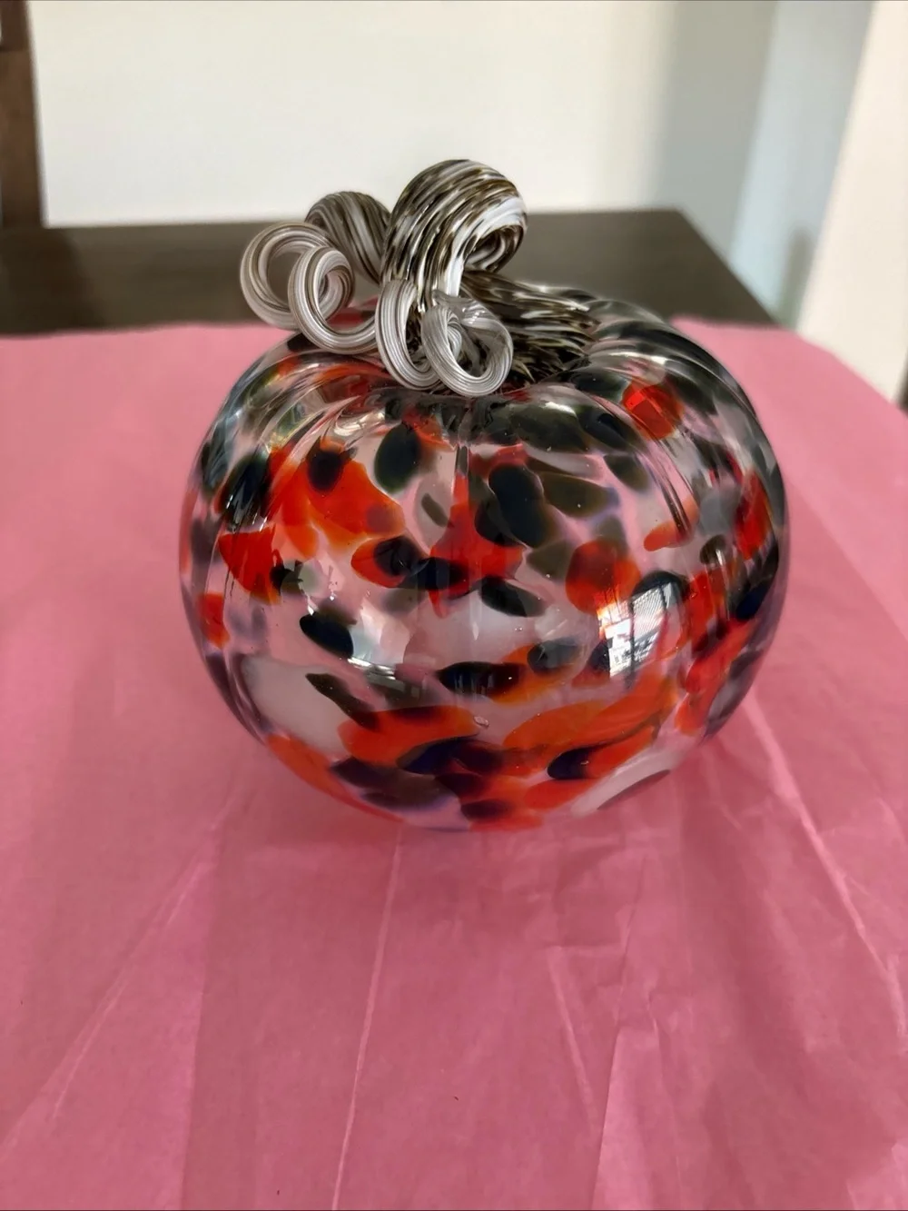 Handblown Glass Clear With Orange Black White Spots Pumpkin